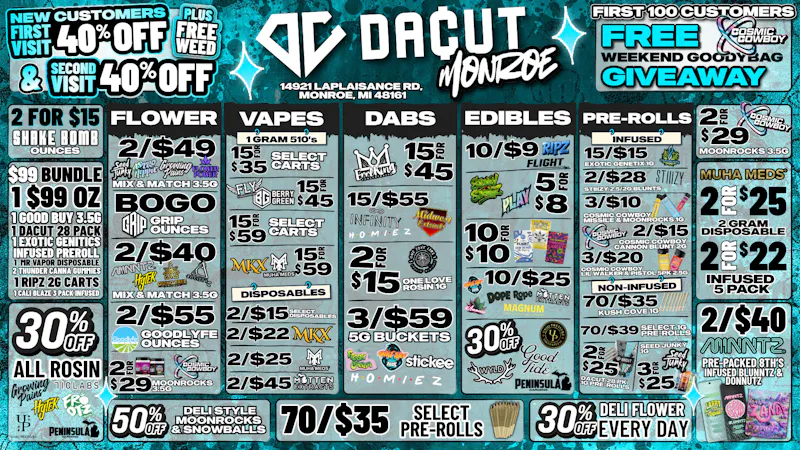 DACUT - Monroe 15/$35 Carts, 15/$45 Wax, 70/$35 Pre-Rolls