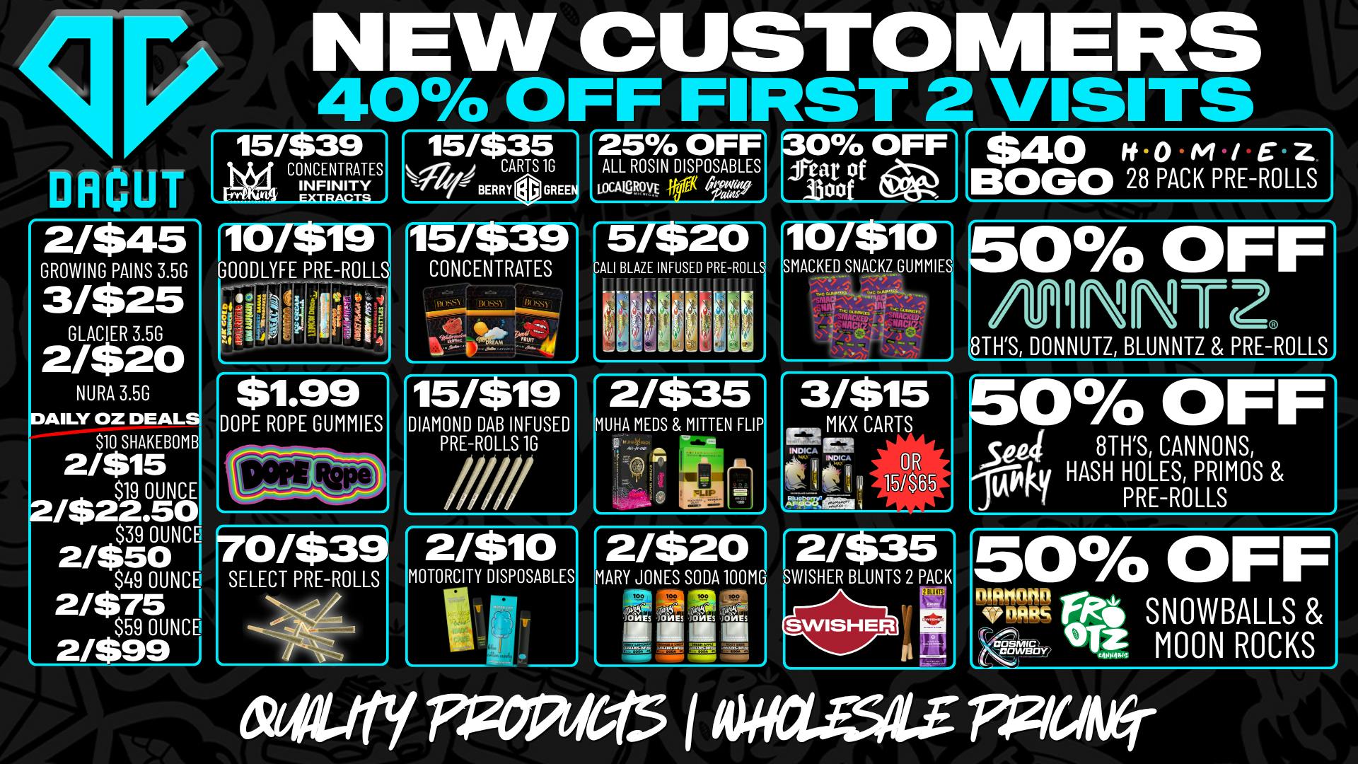 DACUT - FLINT 50% OFF INFUSED DELI, 15/$39 CARTS, 15/$45 DABS