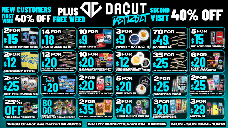 DACUT 2/$15 Shake Bombs Oz's, 14/$18 Infused Pre-Rolls