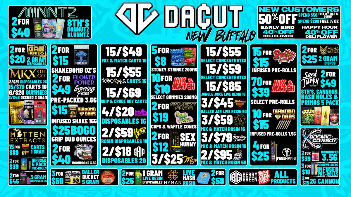 DACUT - New Buffalo 70/$39 Pre-Rolls, 10/$10 Gummies, 15/$39 Carts
