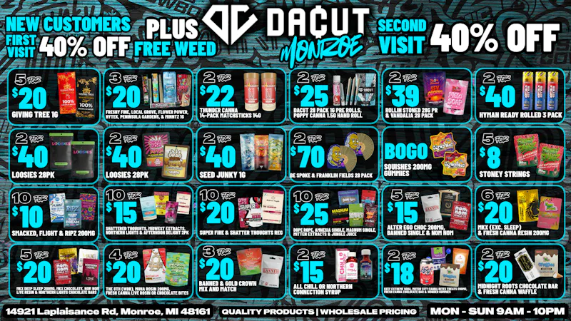 DACUT - Monroe 10/$10 Gummies, 2/$25 28 Pack Pre-Rolls, + More