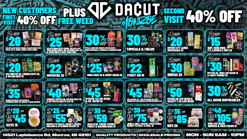 DACUT - Monroe 2/$15 2 Gram Disposable, 15/$45 Dabs, 2/$20 Gelato
