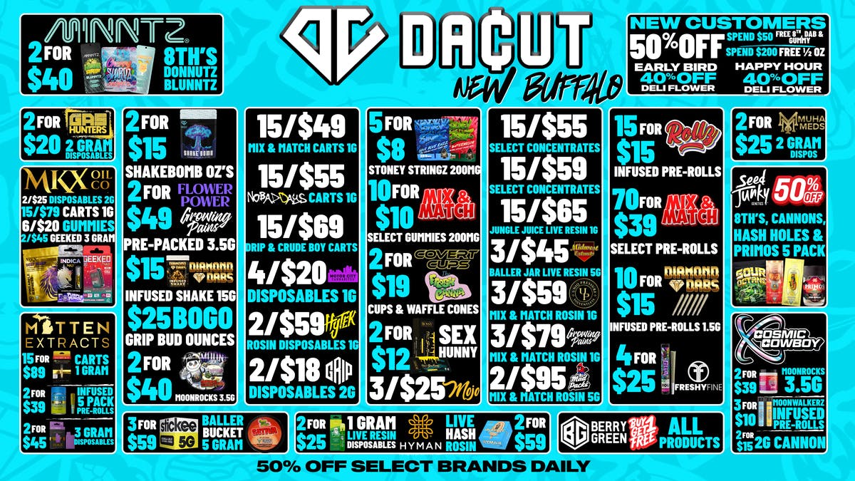 DACUT - New Buffalo 70/$39 Pre-Rolls, 10/$10 Gummies, 15/$39 Carts
