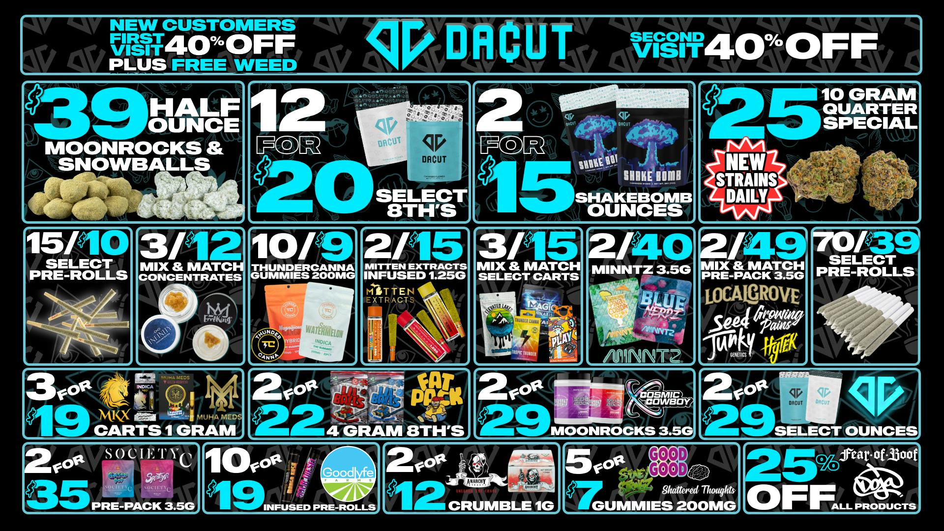DACUT $25 10 Gram Quarters, 12/$20 8th's, 2/$15 Shake OZ