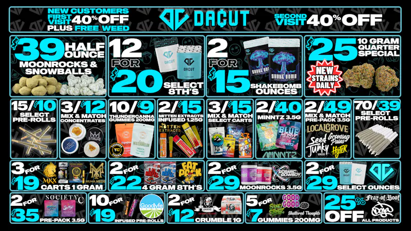 DACUT $25 10 Gram Quarters, 12/$20 8th's, 2/$15 Shake OZ