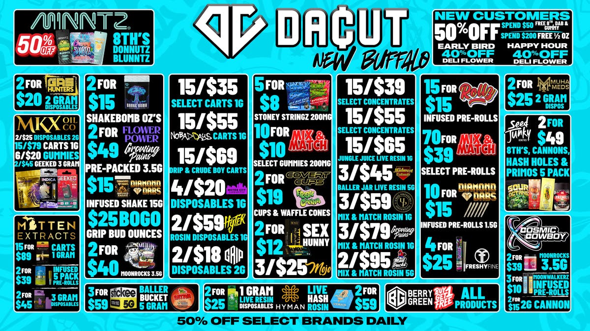 DACUT - New Buffalo 70/$39 Pre-Rolls, 10/$10 Gummies, 15/$39 Carts