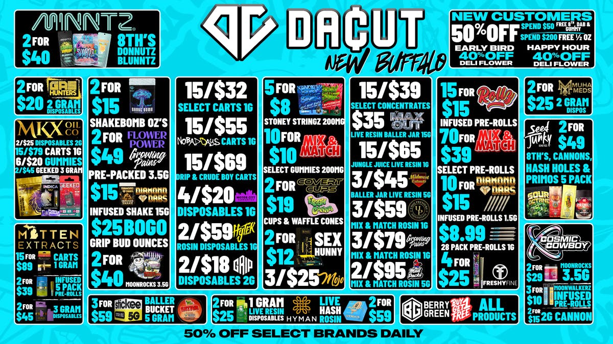 DACUT - New Buffalo 70/$39 Pre-Rolls, 10/$10 Gummies, 15/$39 Carts