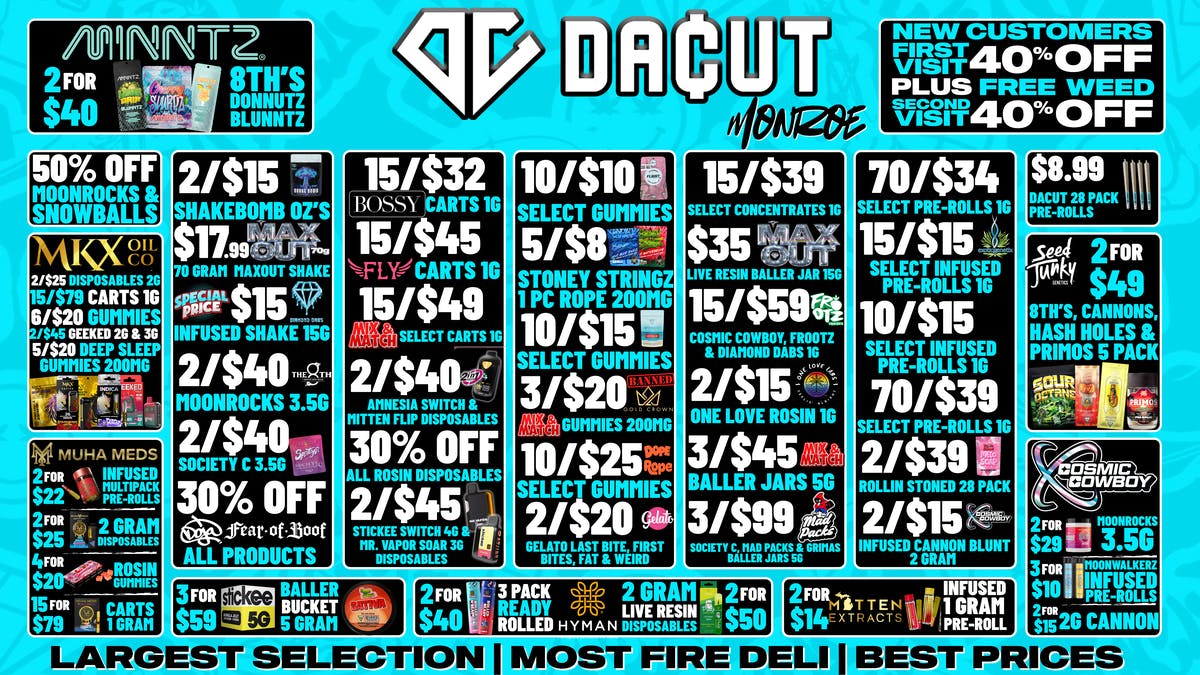 DACUT - Monroe 15/$32 Carts, 15/$39 Dabs, 70/$34 Pre-Rolls +MORE