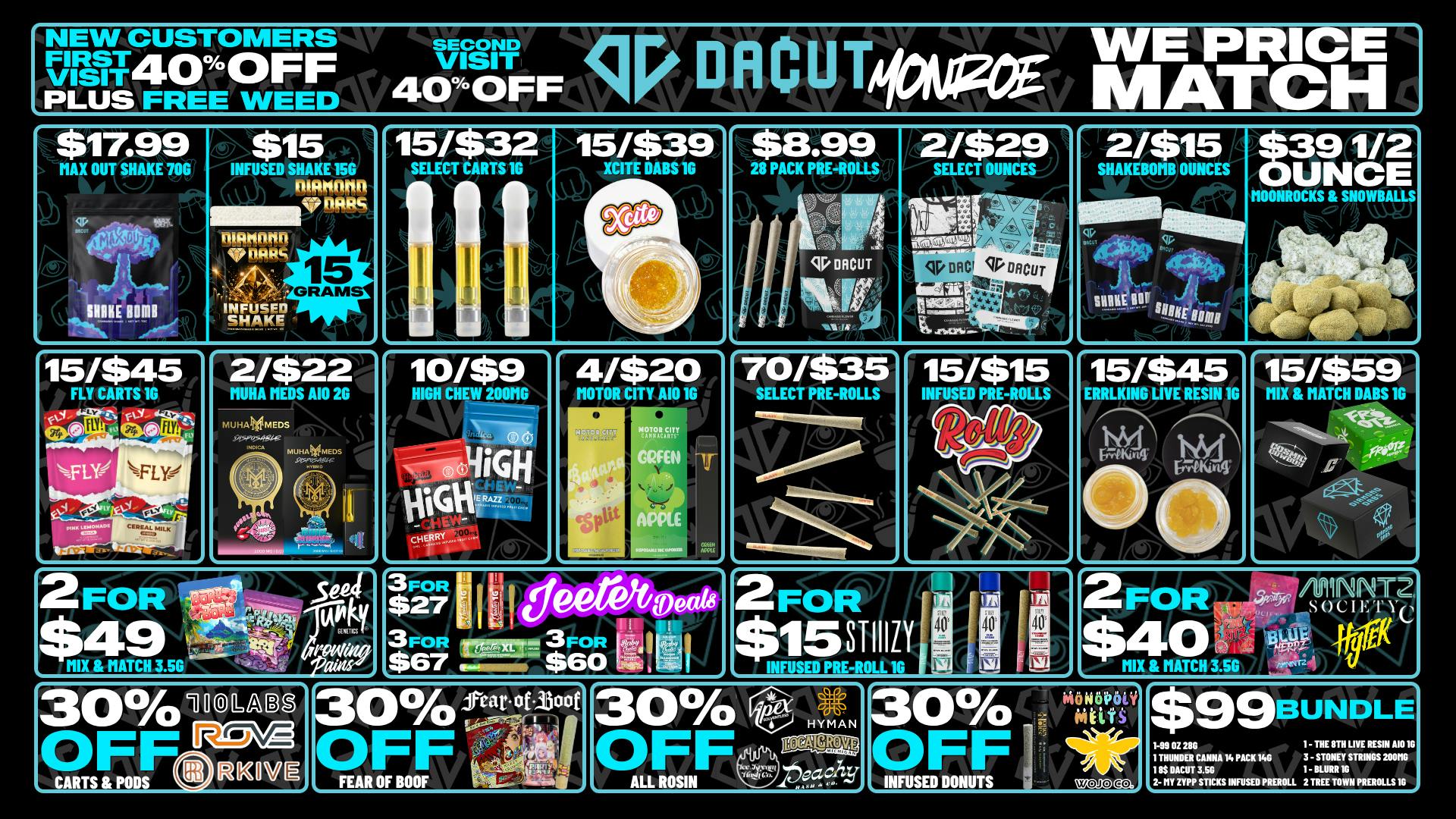 DACUT - Monroe $15 INFUSED MAX OUT, $15/$32 CARTS, 15/$39 DABS