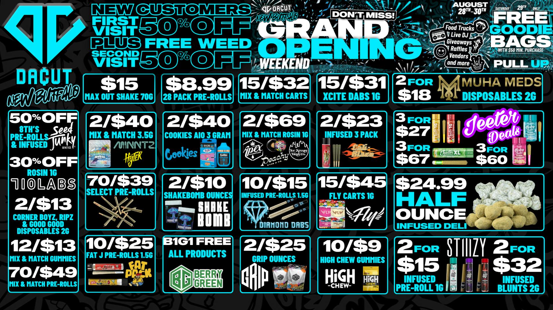 DACUT - New Buffalo $15 MAX OUT SHAKE, $8.99 28 PACK PRE-ROLLS + MORE
