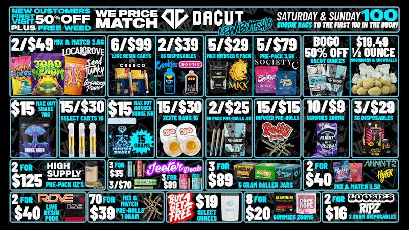 DACUT - New Buffalo $15 Max Out Shake,$19 BOGO OZ,3/$29 3g Disposables