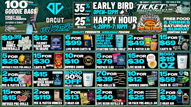 DACUT - New Buffalo $12 Max Out Shake 2.5 OZ, 2/$13 AIO 2g, 5/7 200mg