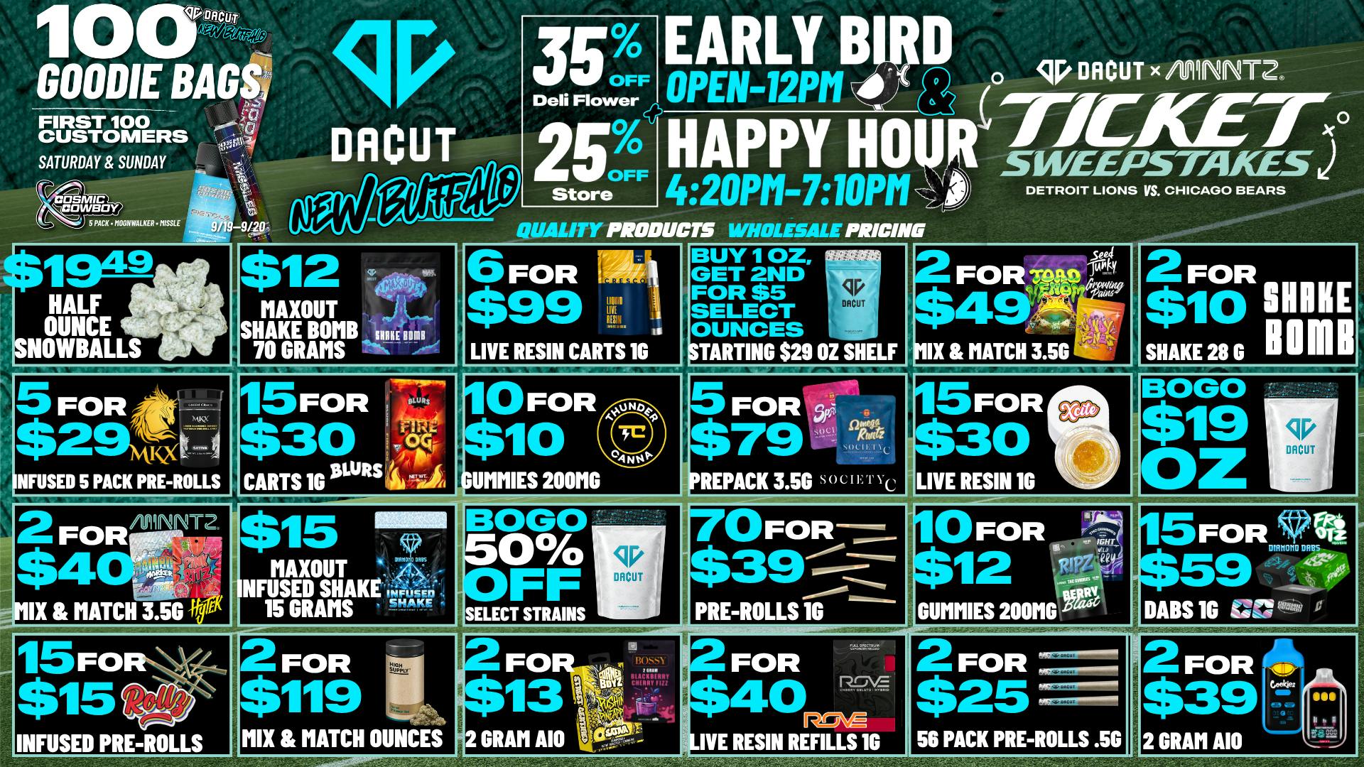 DACUT - New Buffalo $12 Max Out Shake 2.5 OZ, 2/$13 AIO 2g, 5/7 200mg