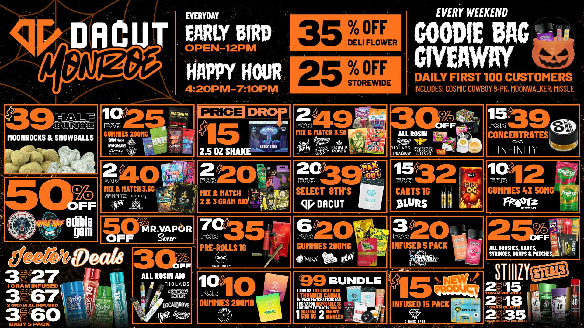 DACUT - Monroe $15 Maxout,50% OFF Select Brands,3/$60 Baby Jeeter