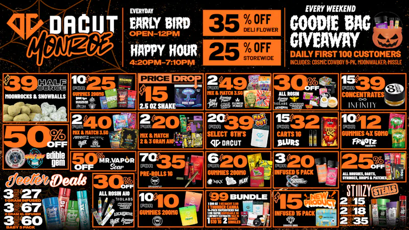 DACUT - Monroe $15 Maxout,50% OFF Select Brands,3/$60 Baby Jeeter