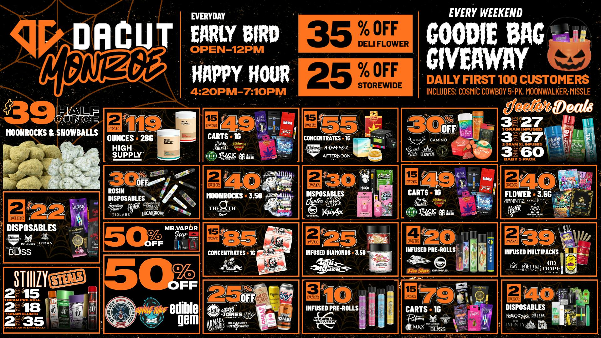 DACUT - Monroe 15/$55 Carts, 30% OFF all Rosin & Aio's + More