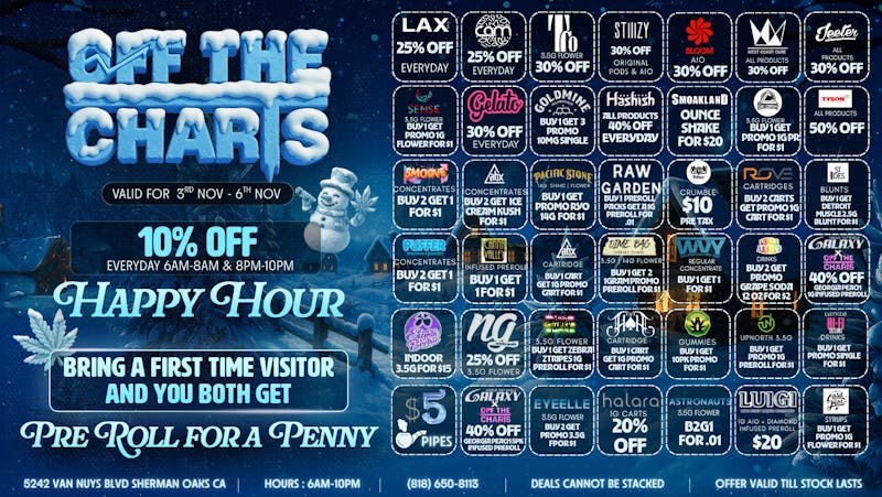 Off the Charts - Sherman Oaks STOP BY SOME AMAZING B2G1 & BOGO'S