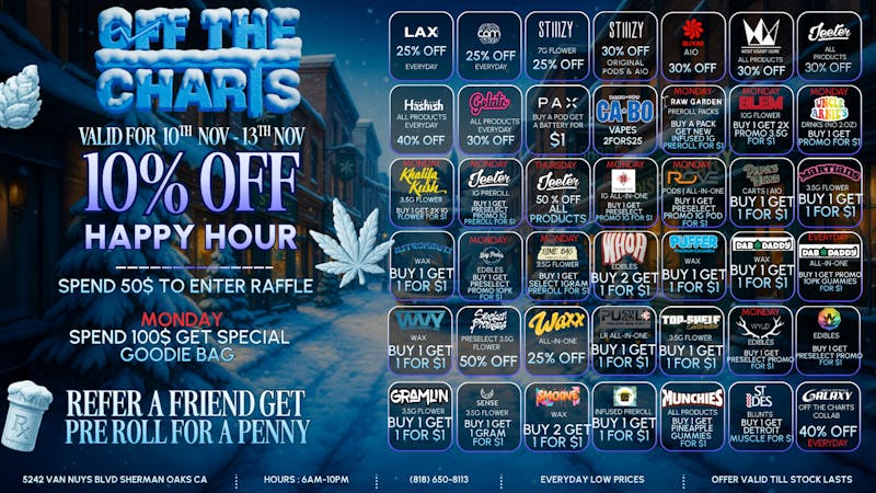 Off the Charts - Sherman Oaks MONDAY FULL OF BOGO'S & WEEKLY DEALS