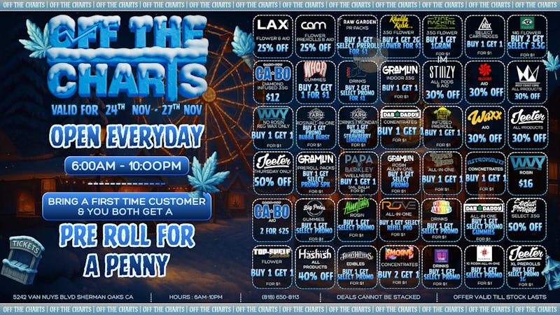 Off the Charts - Sherman Oaks WE ARE OPEN THANKSGIVING 6AM-10PM