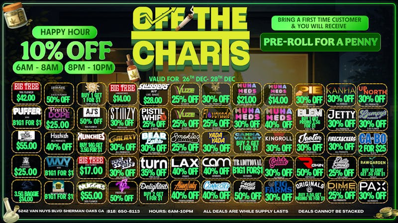 Off the Charts - Sherman Oaks IT DOESNT STOP ON CHRISTMAS..MORE FIRE DEALS !