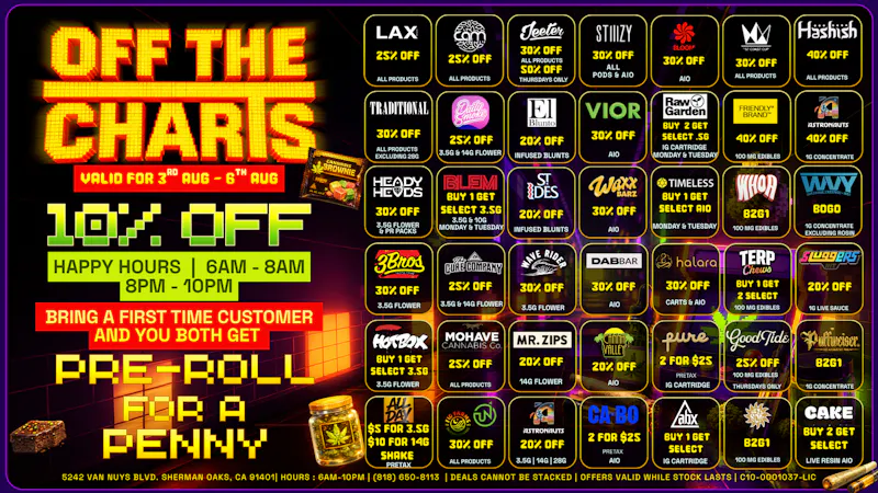 Off the Charts - Sherman Oaks 🏄‍♂️🌞🌴Weekly Summer Deals🌴🌞🏄‍♂️Smoke & Save