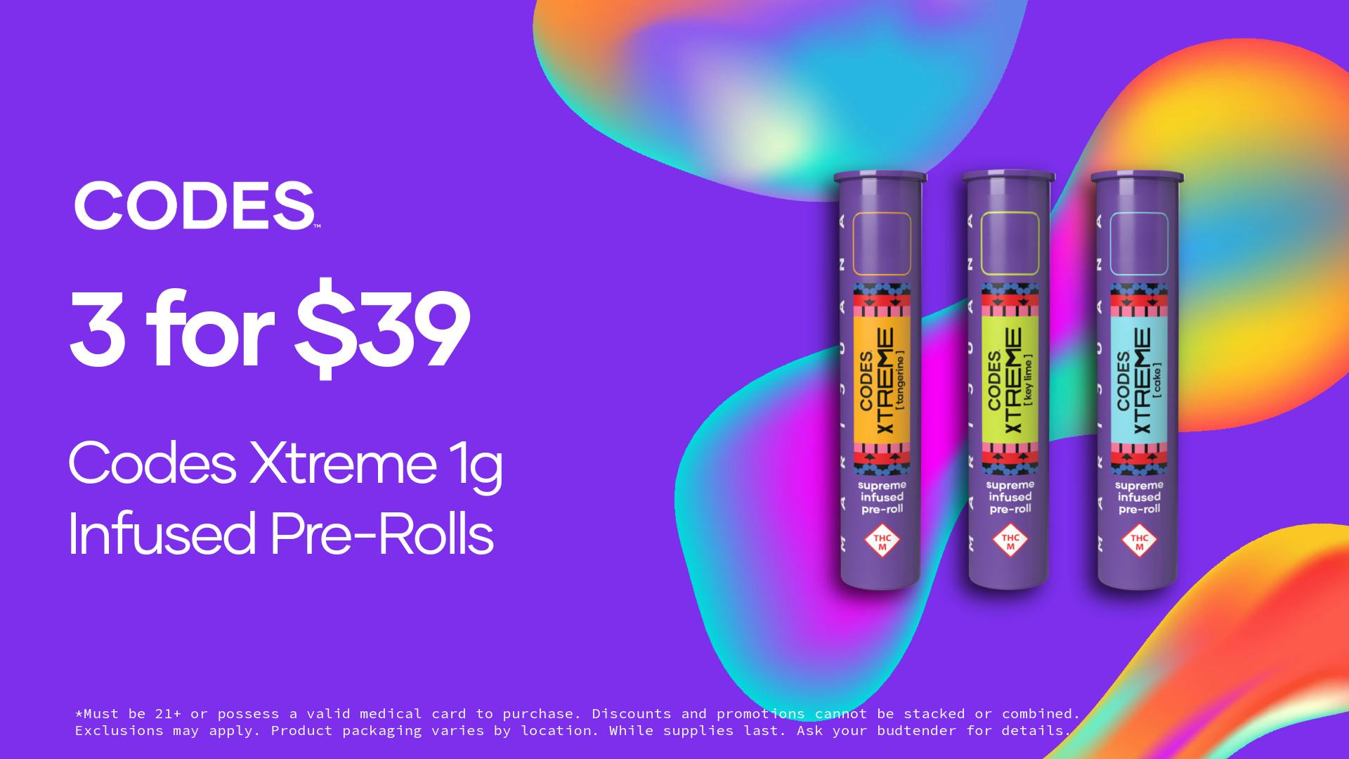 Codes - Sedalia 3 for $39 Codes Xtreme 1g Infused Pre-Rolls