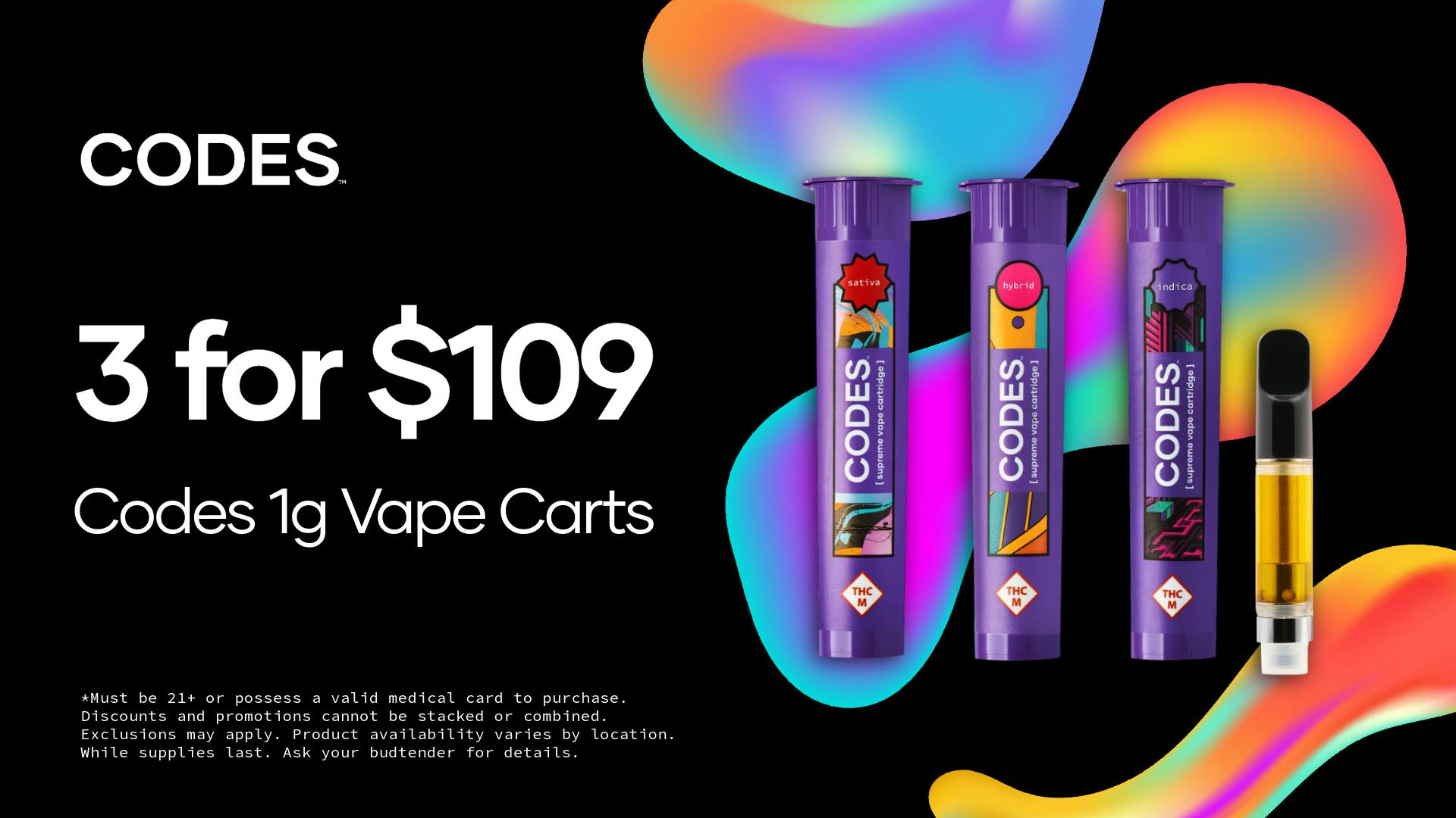 Codes - Sedalia 3 for $109 Codes 1g Vape Carts