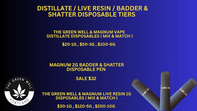The Green Well - Delivery Live Resin 1g Pen $30-1g , $120-5g , $200-10g