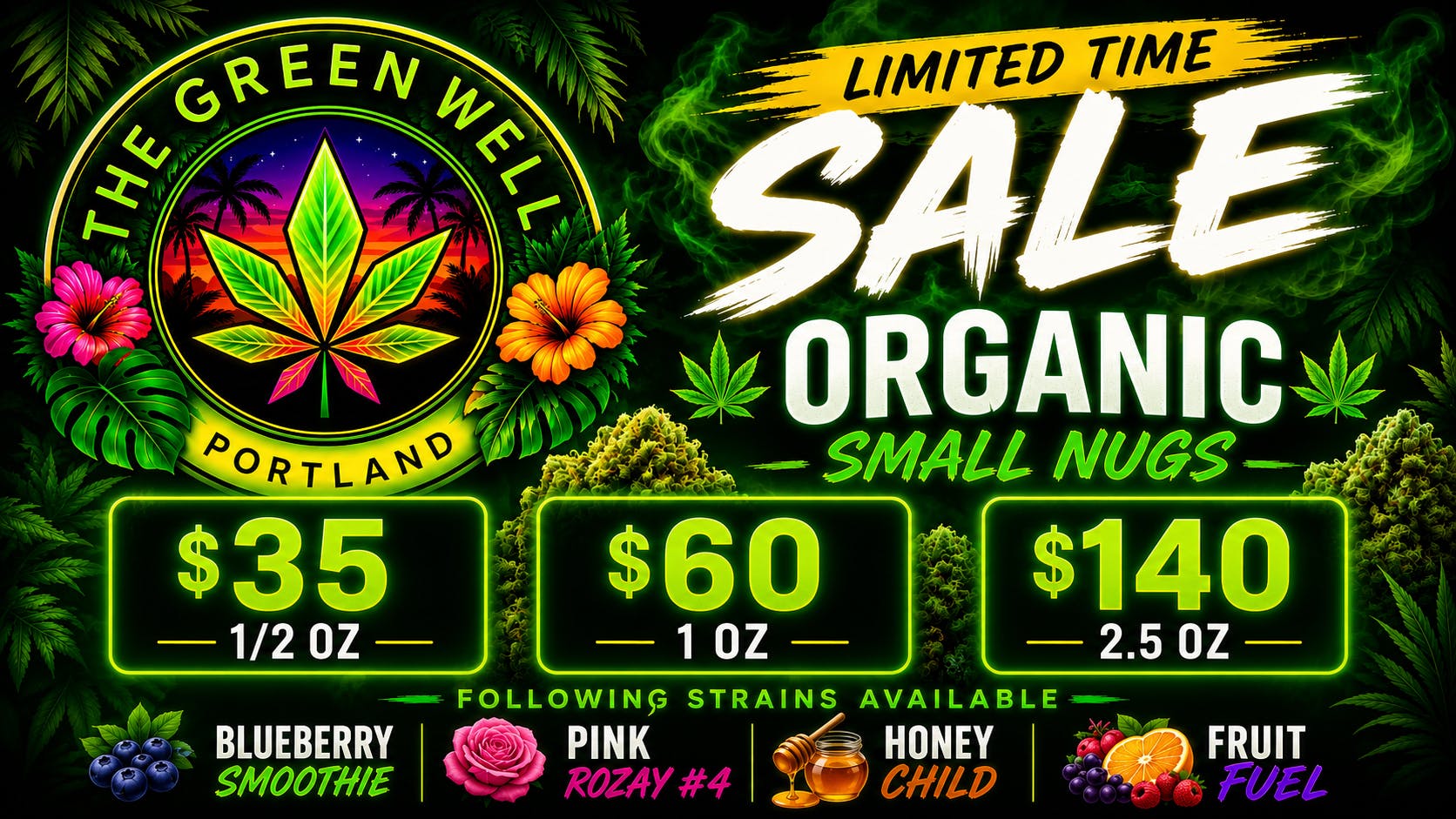 The Green Well - Delivery $35-1/2oz , $60-1oz, $140-2.5oz Organic Small Nugs