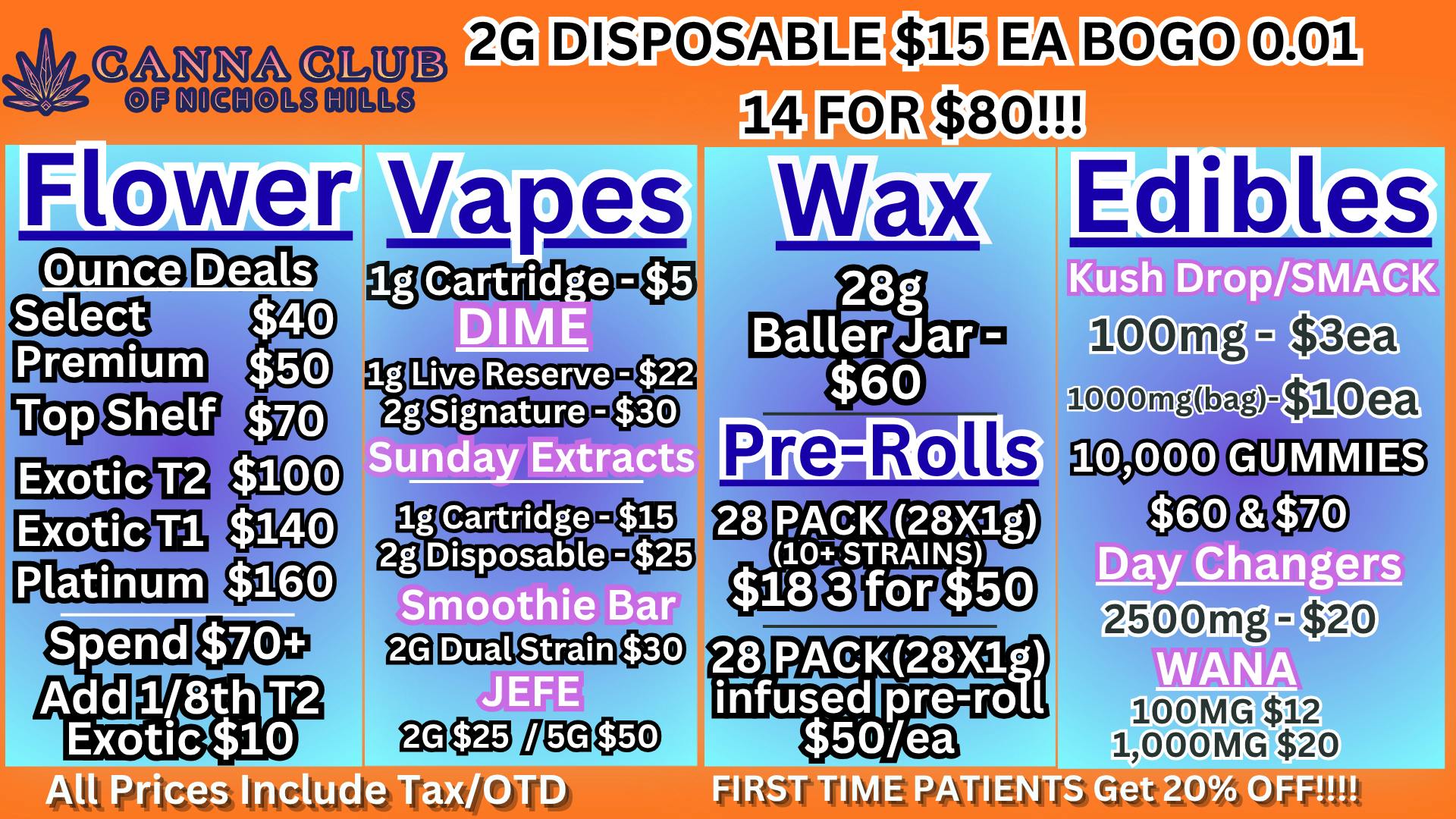 Canna Club of Nichols Hills 🔥DEALS!!!! 28 1G prerolls $18/ 28G WAX $60!!