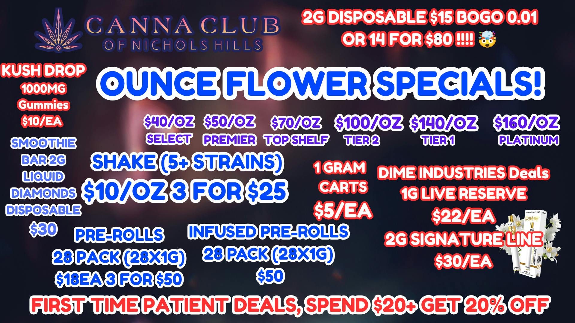 Canna Club of Nichols Hills DIME DAY 6/10/26 B2G1 0.01 /250MG SINGLE GUMMY $5