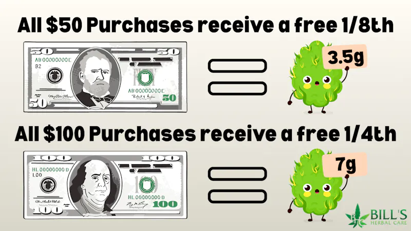 Bills Herbal Care FREE FLOWER WITH $50 AND $100 PURCHASES!