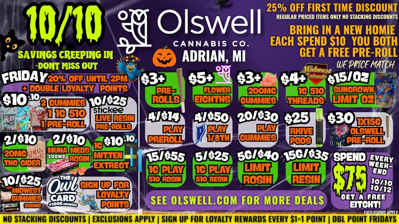 Olswell Cannabis Co 🦉$10 DEALS AT OLSWELL CANNABIS, ADRIAN