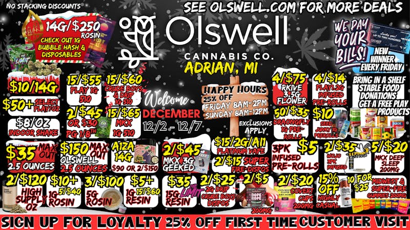 Olswell Cannabis Co OLSWELL ADRIAN, MI WEEKLY DEALS🦉🎄