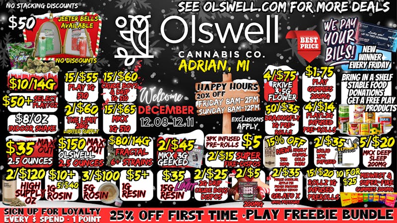 Olswell Cannabis Co 🦉OLSWELL WEEKLY LIVE DEALS 12.08-12.11