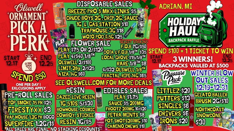 Olswell Cannabis Co 🦉OLSWELL XMAS BLOWOUT SALES, ADRIAN MI. ❄️
