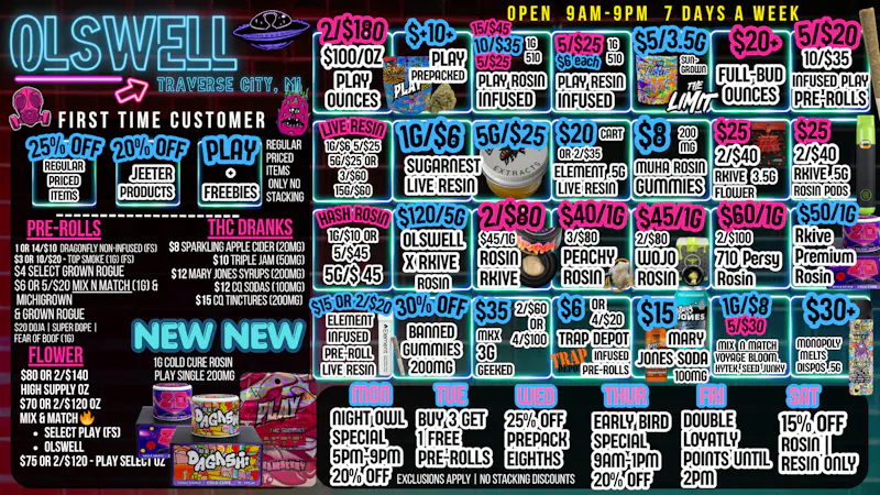 Olswell Cannabis Co 🦉OLSWELL, TRAVERSE CITY WEEKLY DEALS.