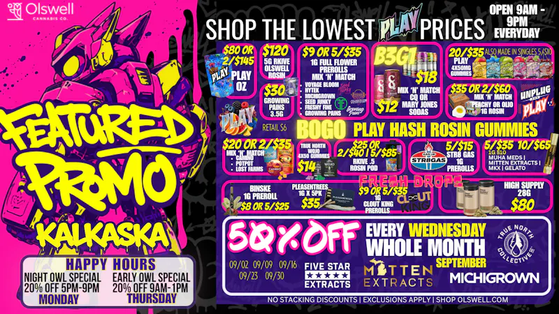Olswell Cannabis Co - Kalkaska SHOP HALF OFF BRANDS ON WEDNESDAY AT KALKASKA