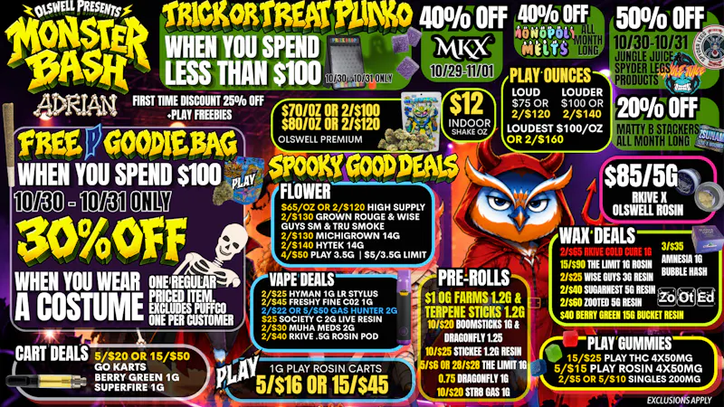 Olswell Cannabis Co WEAR A COSTUME 10/30 OR 10/31 GET 30% OFF ONE ITEM