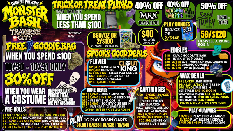 Olswell Cannabis Co WEAR A COSTUME 10/30 OR 10/31 GET 30% OFF ONE ITEM