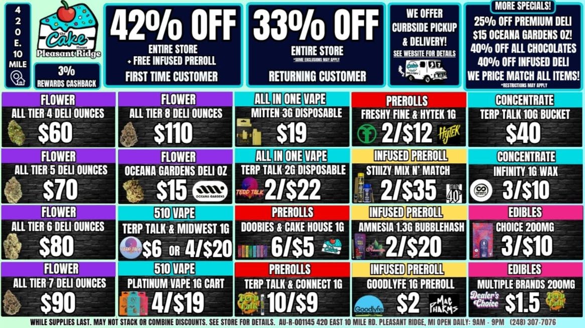 The Cake House - Pleasant Ridge 33% OF RETURNING! 42% OFF 1ST TIME + 1G INFUSED PR