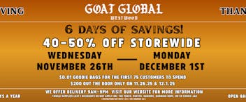 Goat Global Delivery Green Wednesday | 40-50% OFF