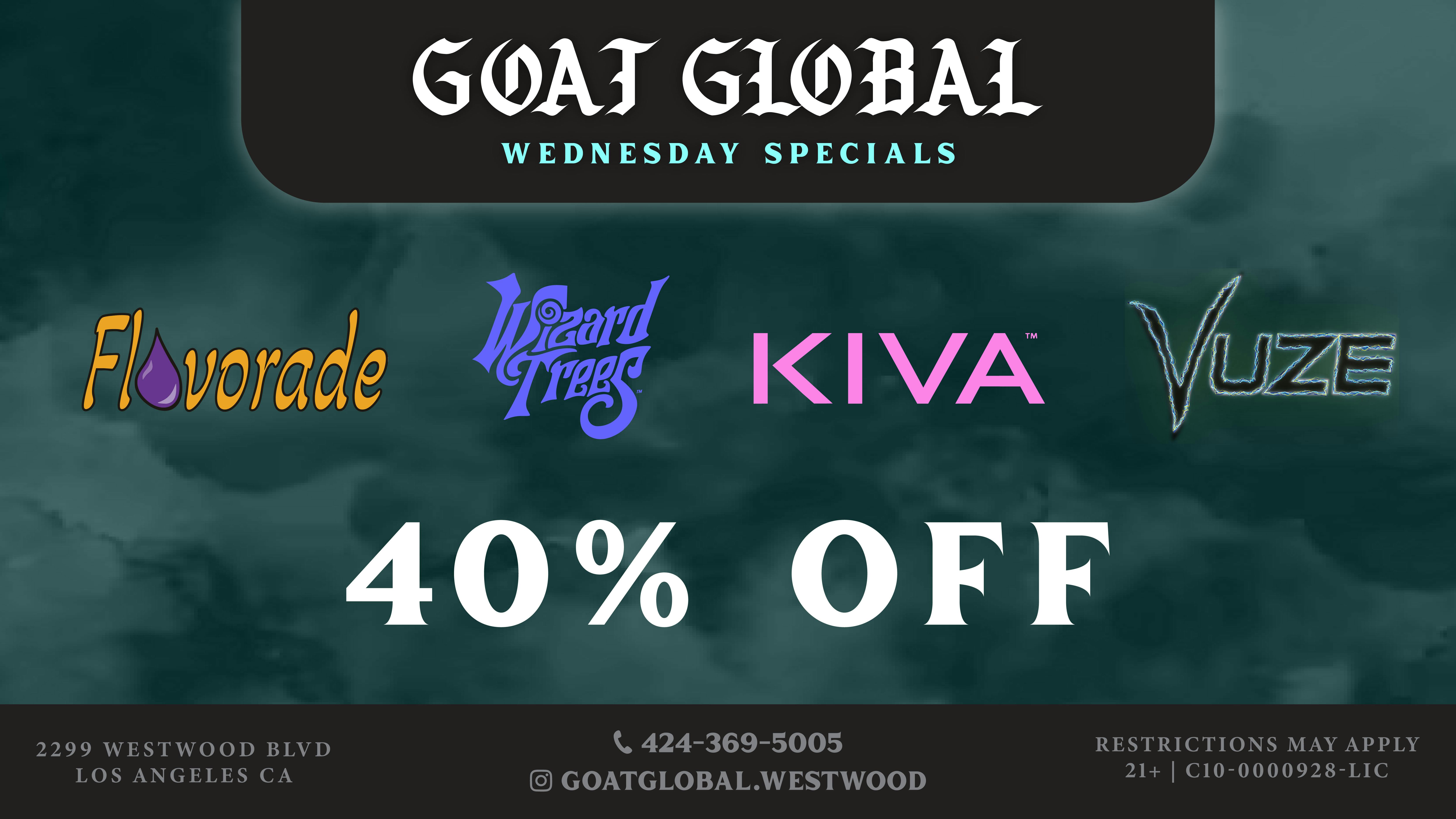Goat Global Delivery - West Los Angeles 40% OFF FLAVORADE, KIVA, WIZARD TREES, VUZE