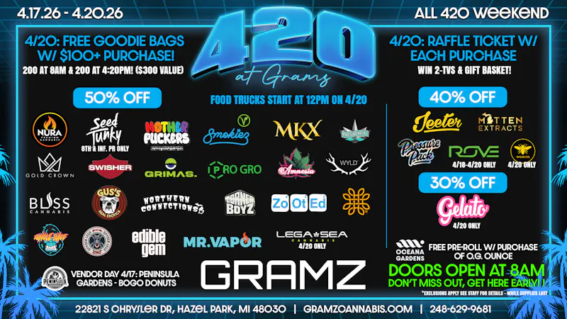 Gramz Cannabis - Hazel Park 4/20 at Gramz Hazel Park 🔥 Goodie bags & raffles!