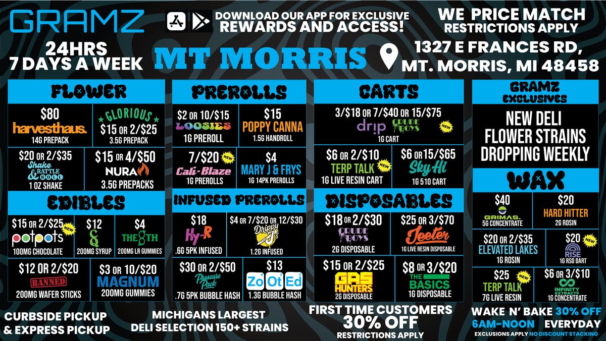 Gramz Cannabis - Mt. Morris 🔥 MT. MORRIS FIRE DEALS • OPEN 24/7! 🚨