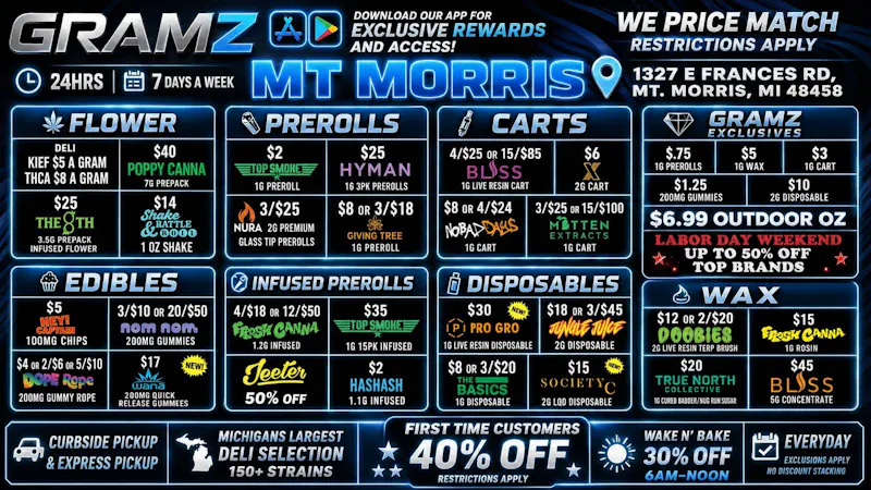 Gramz Cannabis - Mt. Morris 🔥 24/7 DEALS AT GRAMZ MT MORRIS! 💨 UP TO 50% OFF