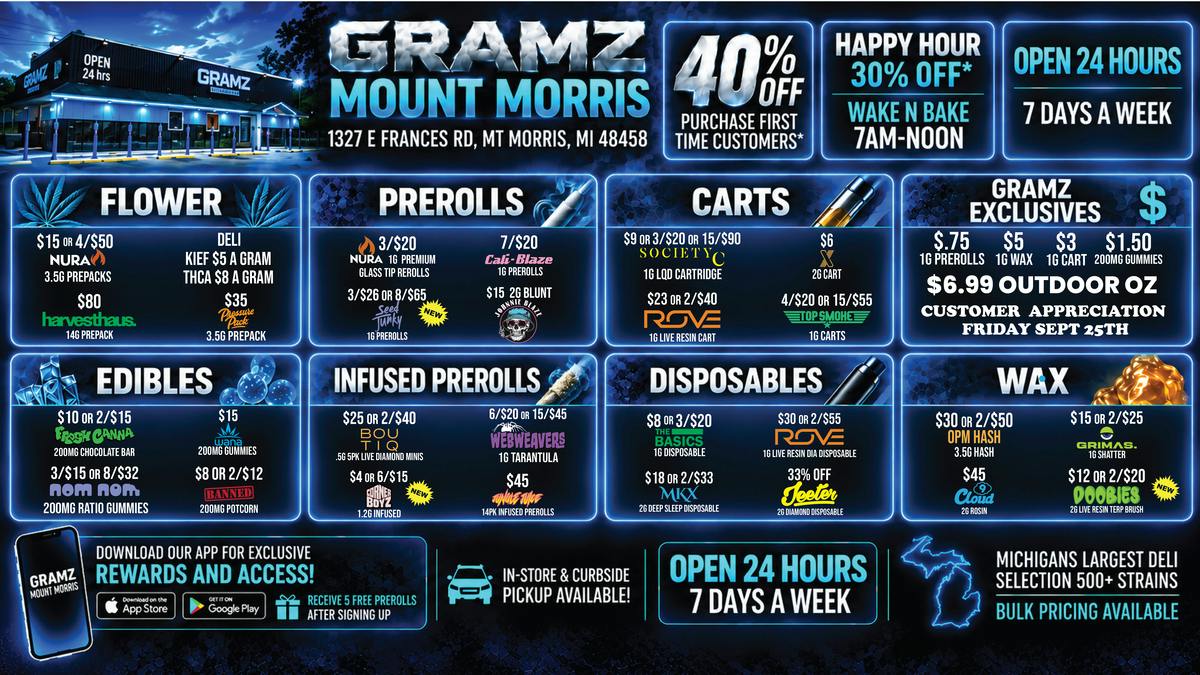 Gramz Cannabis - Mt. Morris 🔥 75¢ Prerolls, $5 Wax, 40% Off First Buy!