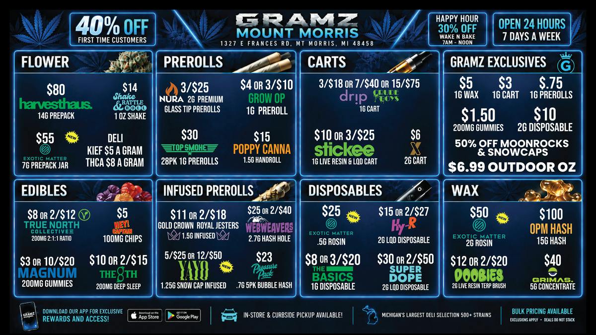 Gramz Cannabis - Mt. Morris 🔥 $6.99 Outdoor Oz + $0.75 Prerolls 🎃