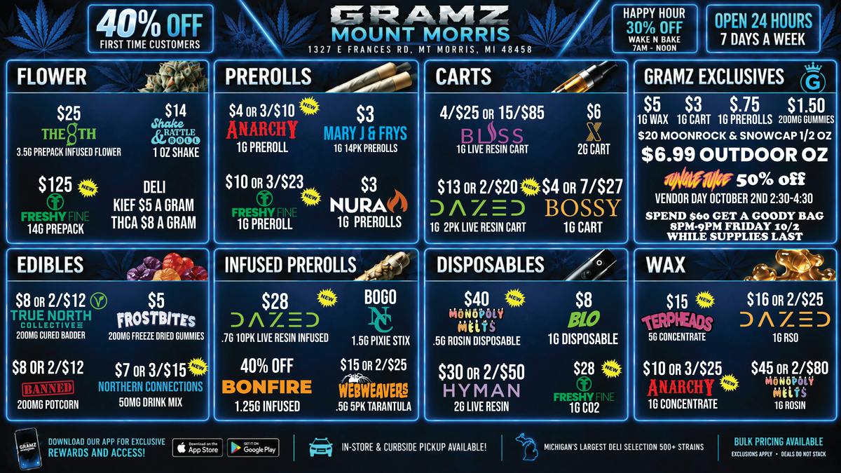 Gramz Cannabis - Mt. Morris $6.99 Outdoor Oz + Mount Morris Deals 🎃