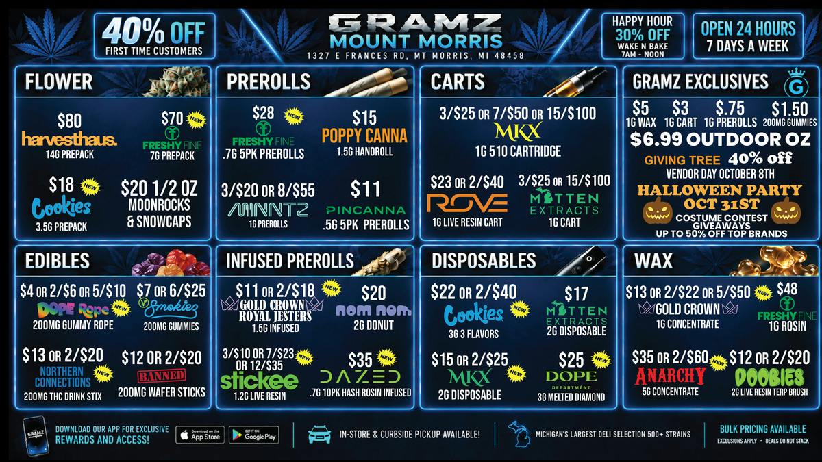 Gramz Cannabis - Mt. Morris 🔥 Mt. Morris: $6.99 Outdoor OZ + $3 1G Carts 💨